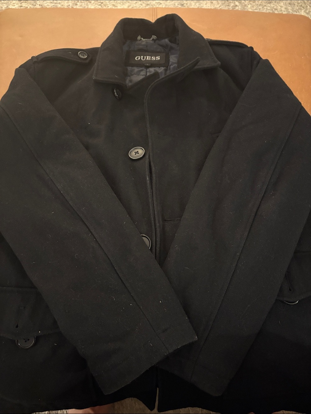 GUESS Men's Black Double-Breasted Wool Pea Coat